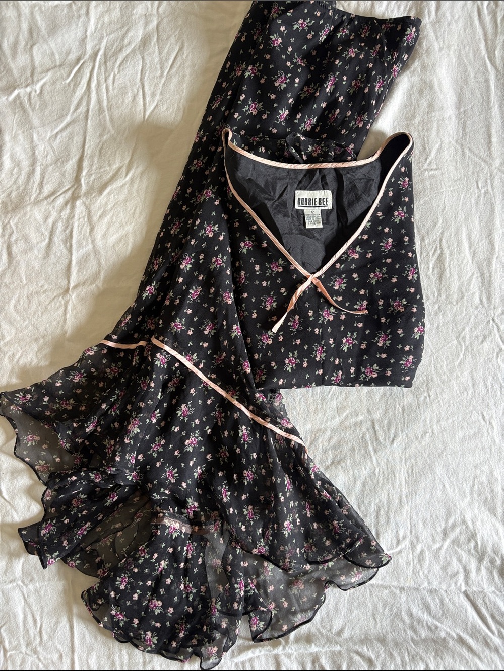 100% SILK Robbie Bee Black Floral Maxi Dress with Pink Trim